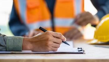 Image of Contraction site manager holding black pen and placing his hand on top of personal safety risk assessment take booklet on the table with defocused co-teamwork at the background. photo