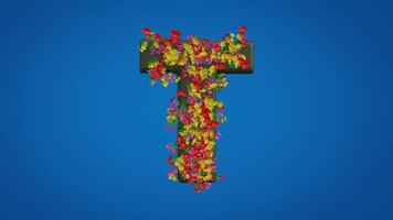 3d T alphabet moving right and left designed with colorful flowers on blue background. Latin letters with luma mate video