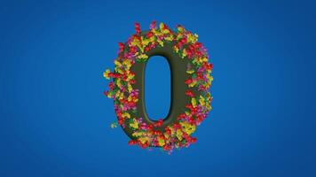 3d O alphabet moving right and left designed with colorful flowers on blue background. Latin letters with luma mate video
