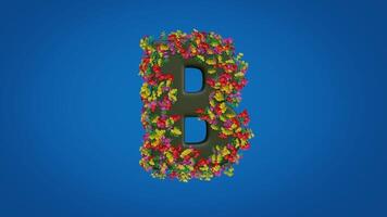 3d B alphabet moving right and left designed with colorful flowers on blue background. Latin letters with luma mate video
