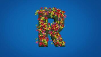 3d R alphabet moving right and left designed with colorful flowers on blue background. Latin letters with luma mate video