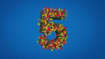 3d number five moving right and left designed in colorful floral style on blue background. Figure animation is equipped with luma mate. 3D rendering for numeracy education video