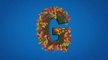 3d G alphabet moving right and left designed with colorful flowers on blue background. Latin letters with luma mate video