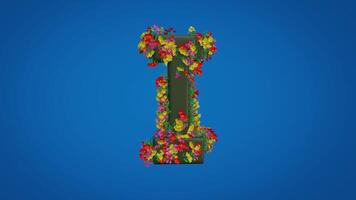 3d I alphabet moving right and left designed with colorful flowers on blue background. Latin letters with luma mate video
