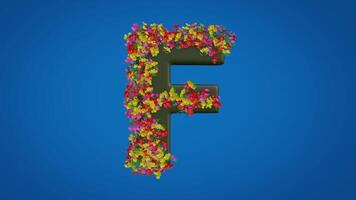 3d F alphabet moving right and left designed with colorful flowers on blue background. Latin letters with luma mate video