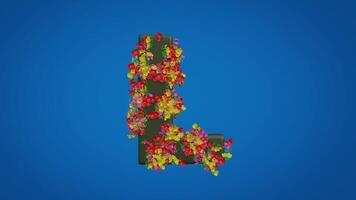 3d L alphabet moving right and left designed with colorful flowers on blue background. Latin letters with luma mate video