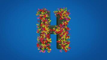 3d H alphabet moving right and left designed with colorful flowers on blue background. Latin letters with luma mate video