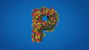 3d P alphabet moving right and left designed with colorful flowers on blue background. Latin letters with luma mate video