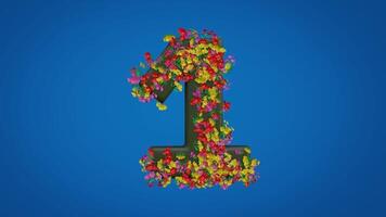 The 3d number one moving right and left is designed in a colorful floral style on a blue background. The animation of the number 1 is equipped with luma mate. 3d rendering video