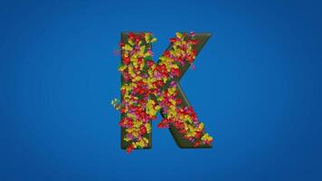 3d K alphabet moving right and left designed with colorful flowers on blue background. Latin letters with luma mate video
