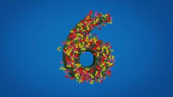 The 3d six number moving right and left is designed in a style full of colorful flowers on a blue background. The figure animation of the number 6 is equipped with luma mate video