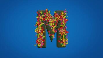 3d M alphabet moving right and left designed with colorful flowers on blue background. Latin letters with luma mate video
