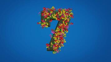 The 3d number seven moving right and left is designed in a colorful floral style on a blue background. The animation of the number 7 is equipped with luma mate. 3d rendering video