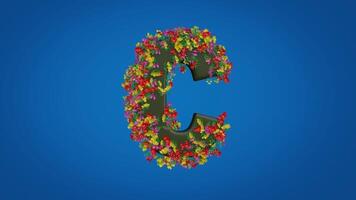 3d C alphabet moving right and left designed with colorful flowers on blue background. Latin letters with luma mate video