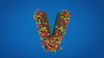 3d V alphabet moving right and left designed with colorful flowers on blue background. Latin letters with luma mate video