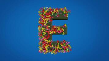 3d E alphabet moving right and left designed with colorful flowers on blue background. Latin letters with luma mate video