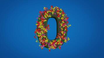 The 3d zero number moving right and left is designed in a style full of colorful flowers on a blue background. The figure animation of the number 0 is equipped with luma mate video