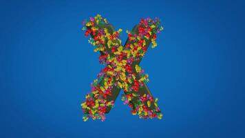 3d X alphabet moving right and left designed with colorful flowers on blue background. Latin letters with luma mate video
