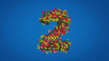 3d numeral two moving right and left designed in colorful floral style on blue background. The natural theme number 2 animation is equipped with luma mate video