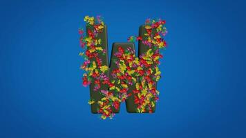 3d W alphabet moving right and left designed with colorful flowers on blue background. Latin letters with luma mate video