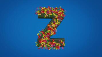 3d Z alphabet moving right and left designed with colorful flowers on blue background. Latin letters with luma mate video