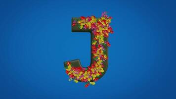 3d J alphabet moving right and left designed with colorful flowers on blue background. Latin letters with luma mate video