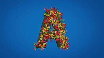 3d A alphabet moving right and left designed with colorful flowers on blue background. Latin letters with luma mate video