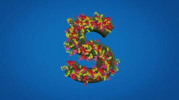 3d S alphabet moving right and left designed with colorful flowers on blue background. Latin letters with luma mate video