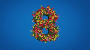 3d numeral two moving right and left designed in colorful floral style on blue background. The natural theme number 2 animation is equipped with luma mate video