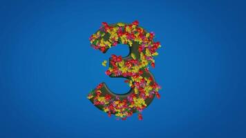 3d numbers of three moving right and left designed with colorful floral style blue background. Figure animation is equipped with luma mate. 3d render of numeracy education video