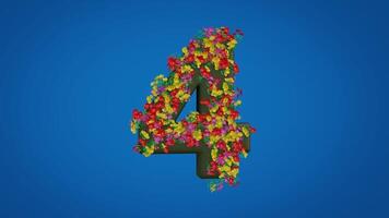 3d number four moving right and left designed in colorful floral style on blue background. Figure animation is equipped with luma mate. 3D rendering for numeracy education video