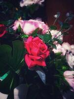 silk flower decorations from realistic imitation florals in portrait mode photo