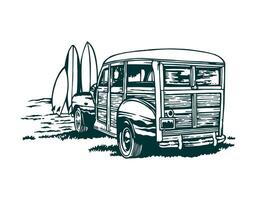 Vintage car art in a coastal area with surfboards and coconut trees in the background. vector