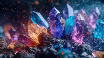 Colorful Crystals Cluster In Dramatic Light. Healing Gemstones, Reiki Energy Therapy, New Age photo