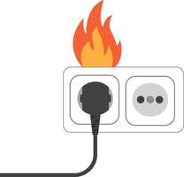 Fire wiring. Socket and plug on fire from overload. Electrical safety concept. Illustration flat design. Broken electrical connection. vector