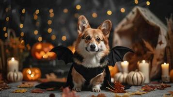 Corgi dressed as a bat, with small black wings, in a spooky Halloween setting with pumpkins, candles photo