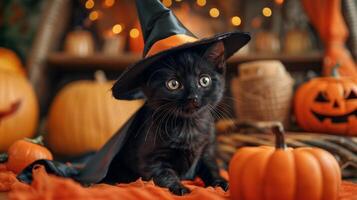 A black kitten in a small witch hat and a cape, sitting amidst pumpkins and Halloween decorations photo