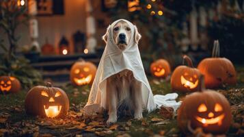 A golden retriever in a Halloween ghost costume sitting in a spooky yard with pumpkins and lanterns photo