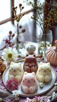 Cat-shaped gelatine puddings in white, pink, and brown, on a plate, white and pink flowers. Vertical photo