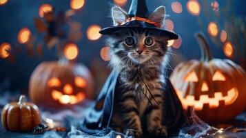 A tabby kitten in a small witch hat and a cape, sitting amidst pumpkins and Halloween decorations photo