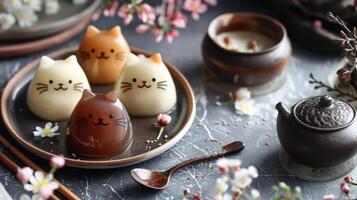 Colorful cat-shaped gelatine puddings with smiling faces on a plate next to a teapot and flowers photo