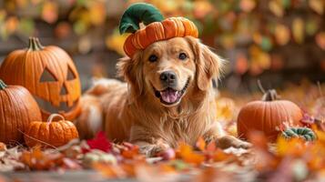 Golden Retriever in an orange Halloween pumpkin costume, sitting among autumn leaves and decorations photo