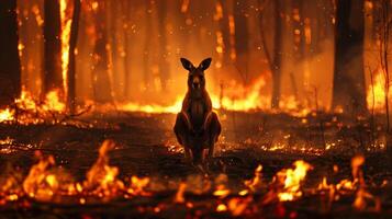 A kangaroo standing amidst a burning eucalyptus forest. Australian wildlife during forest fires. photo