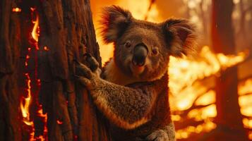 A distressed koala clinging to a burning tree, intense forest fire in Australia. Devastating impact photo