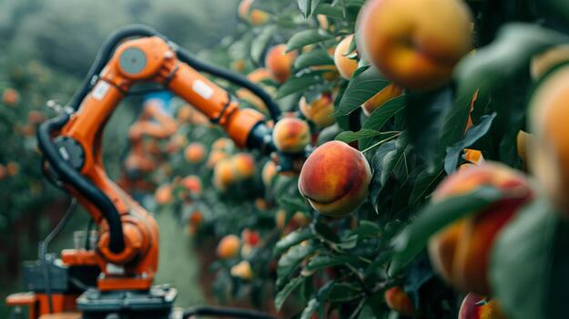 robótico brazos suavemente cosecha maduro duraznos desde arboles en un huerta. utilizar de tecnología en agricultura foto