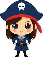 Chibi girl dressed as a pirate, with a tricorn hat, eye patch, and a playful grin. vector