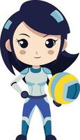 Chibi woman in a futuristic space suit, with a helmet under her arm and a determined expression. vector