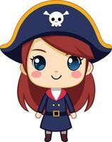 Chibi girl dressed as a pirate, with a tricorn hat, eye patch, and a playful grin. vector