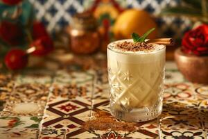 A creamy cinnamon cocktail with mint, resting on a Mexican tile surface. Banner with copy space photo