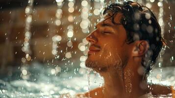 A man enjoys refreshing shower in sauna, with water droplets glistening. Rejuvenation and relaxation photo